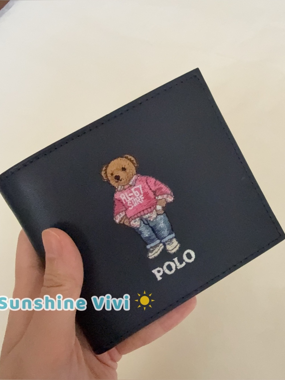 NWT Polo Ralph Lauren unisex Bear Leather Billfold Wallet Navy with box